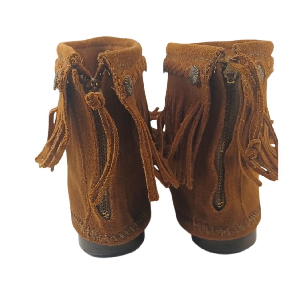 Womens Minnetonka 8.5 Hi Top Back Zip Moccasin Boot Brown Suede Fringe Style 292 - Picture 4 of 13